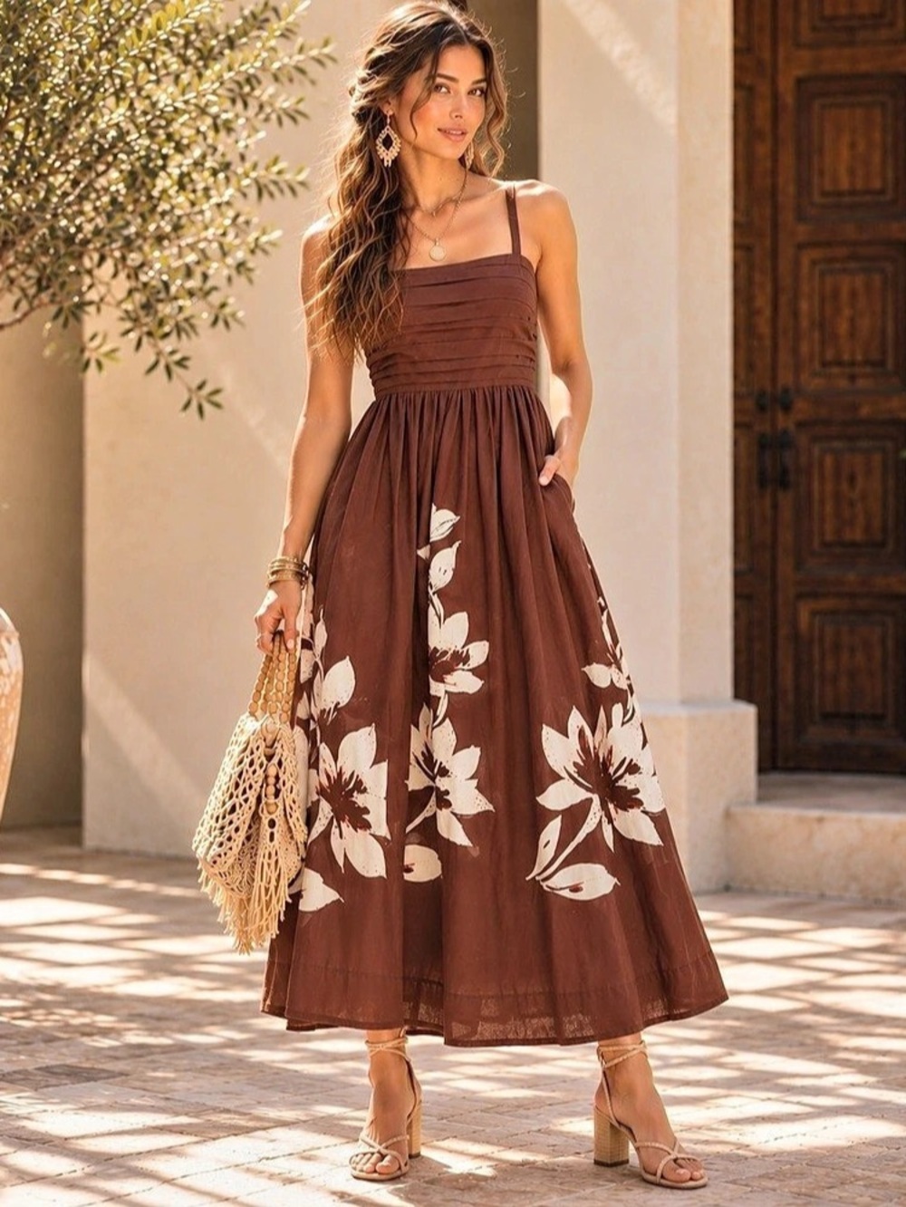 NWT TAHARI Brown Bohemian Hibiscus Floral Maxi Dress, Size 8